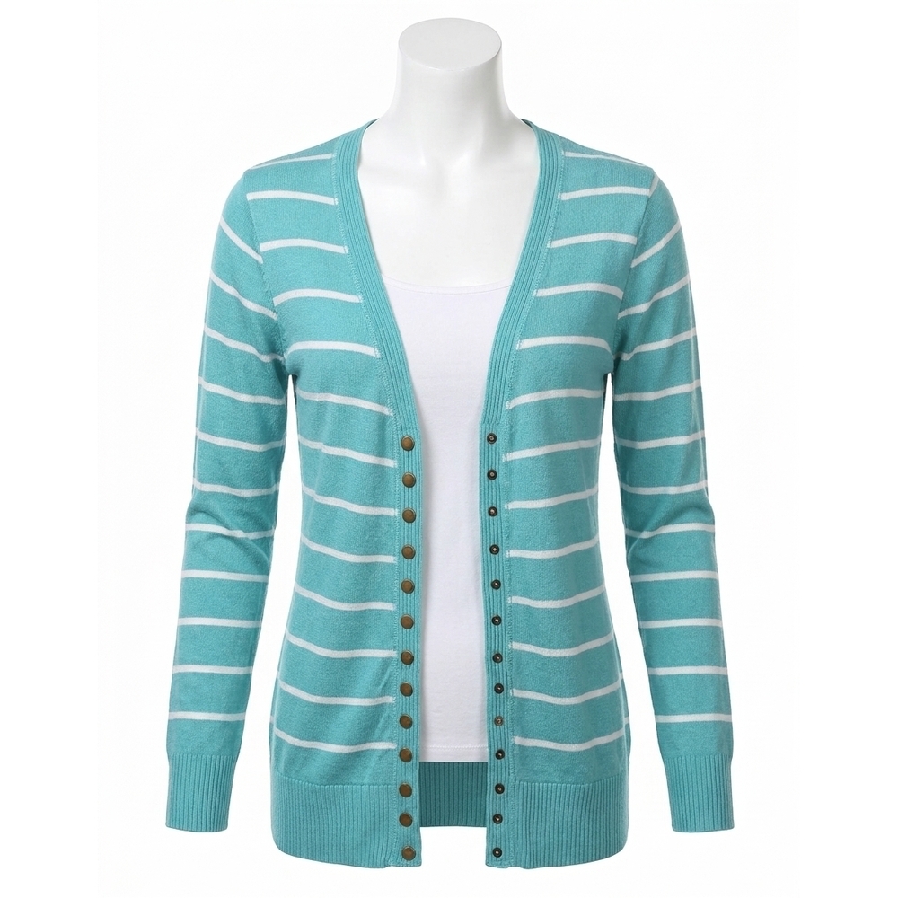 NEW ZENANA striped snap cardigan full sleeve in ash mint